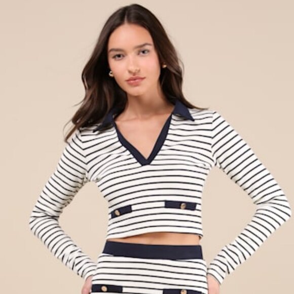 NWT Lulus Uptown Aura Ivory Striped Long Sleeve Top White - Size S - Picture 1 of 2